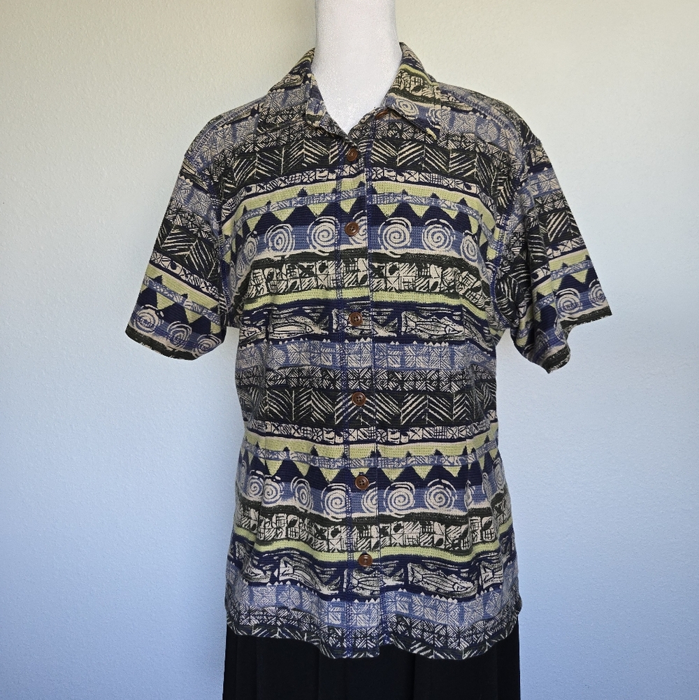 Vintage L.L. Bean Black & Blue Hawaiian Shirt – Funky Standout Top Womens Large
